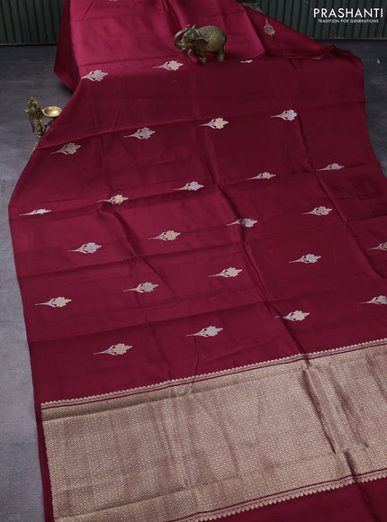 Poona silk saree red with silver & gold zari woven buttas in borderless style
