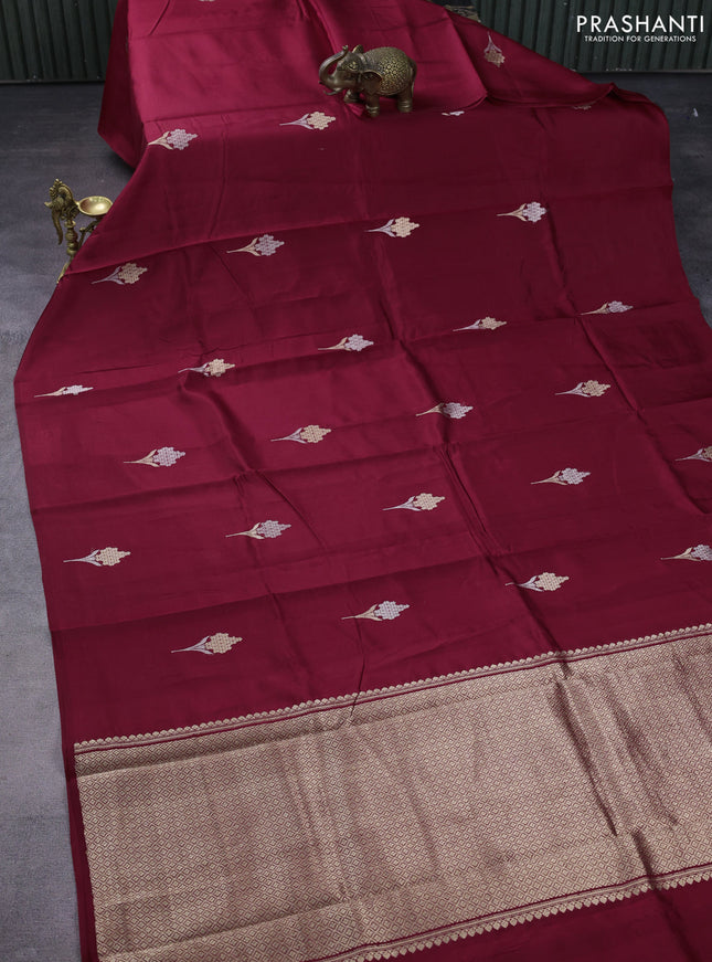 Poona silk saree red with silver & gold zari woven buttas in borderless style