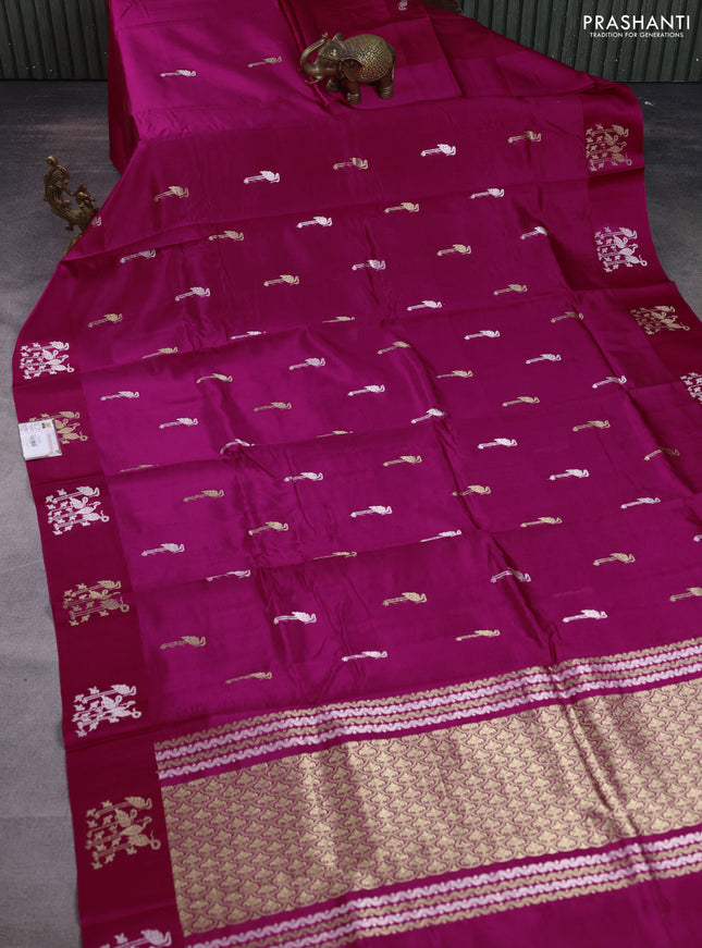 Poona silk saree pink with silver & gold zari woven buttas and satin border