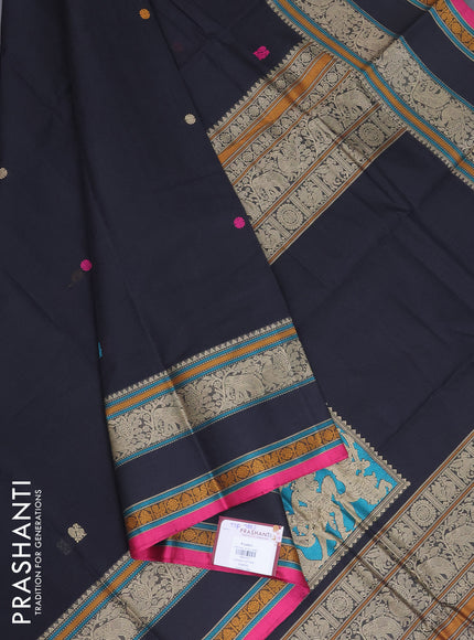 Kanchi cotton saree black and magenta pink with zari woven buttas and rettapet thread woven border