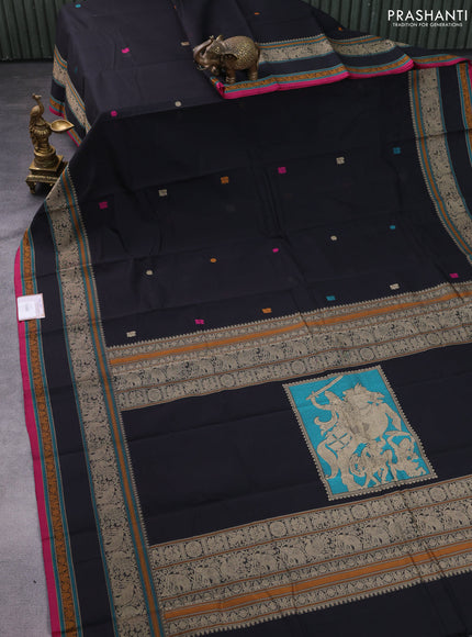 Kanchi cotton saree black and magenta pink with zari woven buttas and rettapet thread woven border