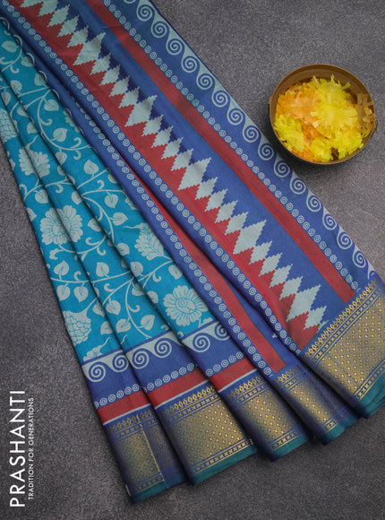 Semi tussar saree teal blue and dual shade of blue with allover kalamkari prints and zari woven border