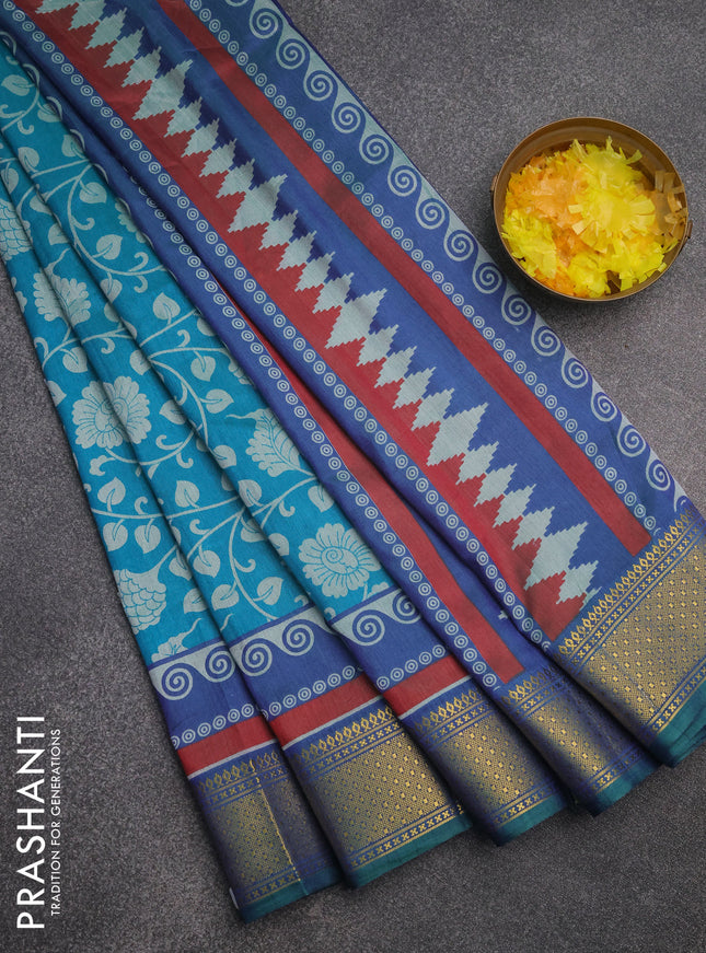 Semi tussar saree teal blue and dual shade of blue with allover kalamkari prints and zari woven border