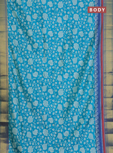 Semi tussar saree teal blue and dual shade of blue with allover kalamkari prints and zari woven border