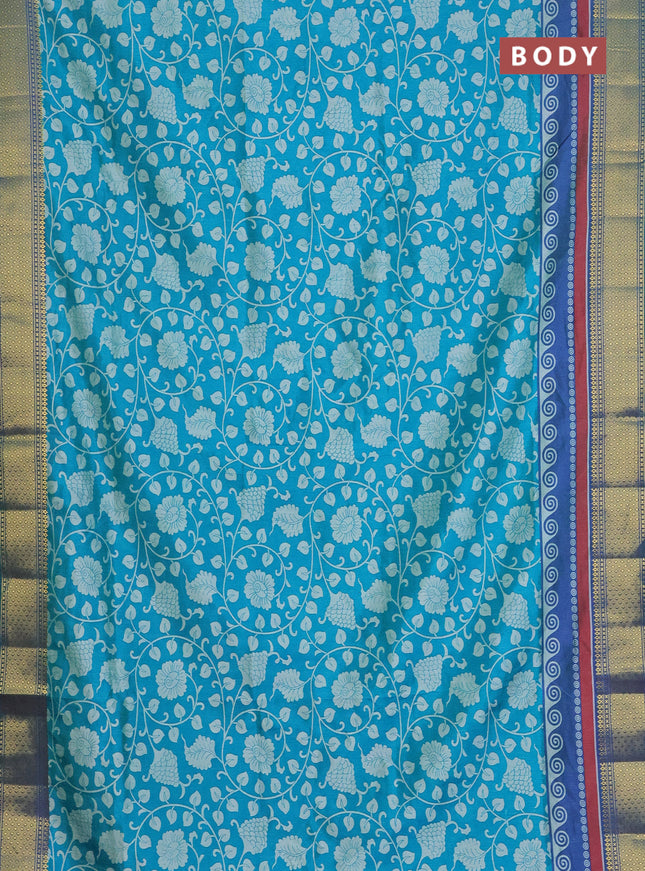 Semi tussar saree teal blue and dual shade of blue with allover kalamkari prints and zari woven border