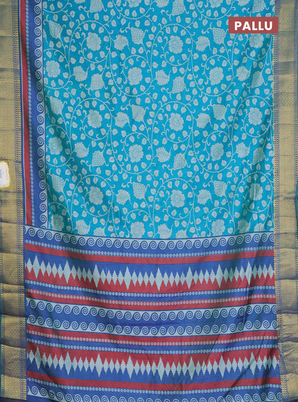 Semi tussar saree teal blue and dual shade of blue with allover kalamkari prints and zari woven border