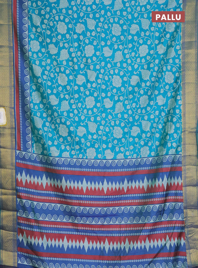 Semi tussar saree teal blue and dual shade of blue with allover kalamkari prints and zari woven border