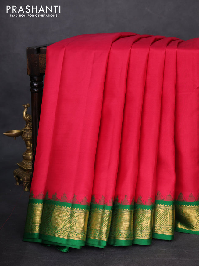 10 Yards silk saree red and green with plain body and temple design zari woven korvai border