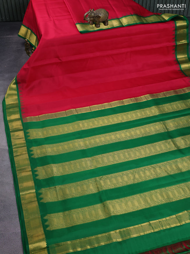 10 Yards silk saree red and green with plain body and temple design zari woven korvai border
