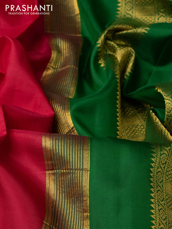 10 Yards silk saree red and green with plain body and temple design zari woven korvai border