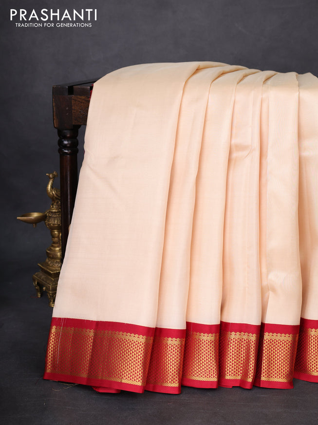 10 Yards silk saree cream and maroon with plain body and zari woven korvai border