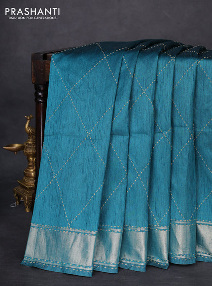 Semi dupion saree teal blue and multi colour with allover kantha stitch work and zari woven border