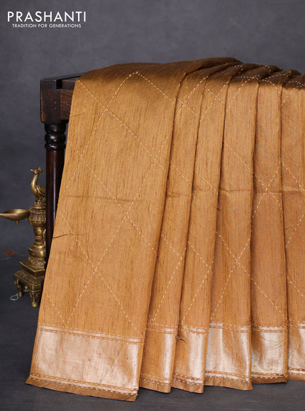Semi dupion saree dark mustard and multi colour with allover kantha stitch work and zari woven border