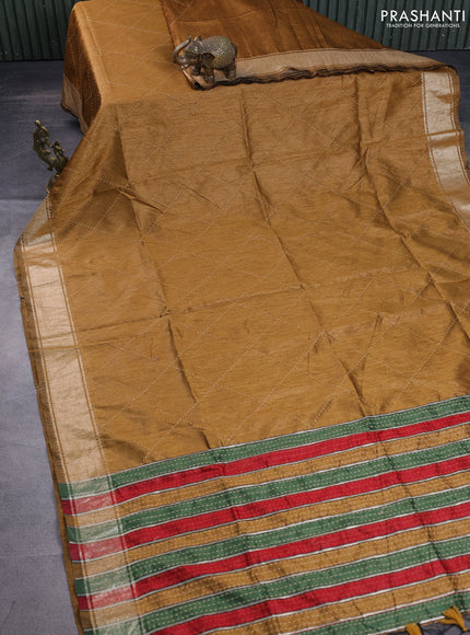 Semi dupion saree dark mustard and multi colour with allover kantha stitch work and zari woven border