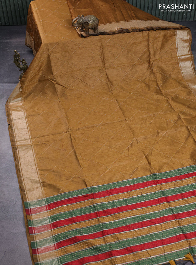 Semi dupion saree dark mustard and multi colour with allover kantha stitch work and zari woven border