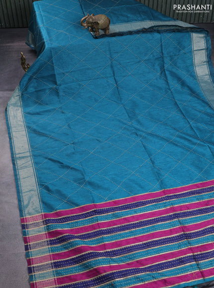 Semi dupion saree teal blue and multi colour with allover kantha stitch work and zari woven border