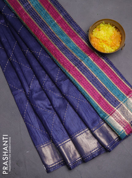 Semi dupion saree navy blue and multi colour with allover kantha stitch work and zari woven border