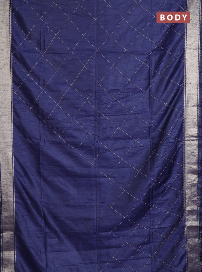 Semi dupion saree navy blue and multi colour with allover kantha stitch work and zari woven border