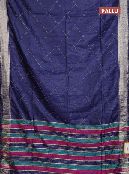 Semi dupion saree navy blue and multi colour with allover kantha stitch work and zari woven border