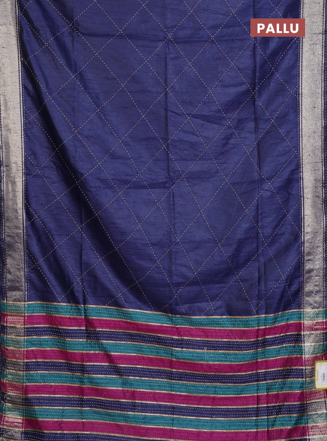 Semi dupion saree navy blue and multi colour with allover kantha stitch work and zari woven border