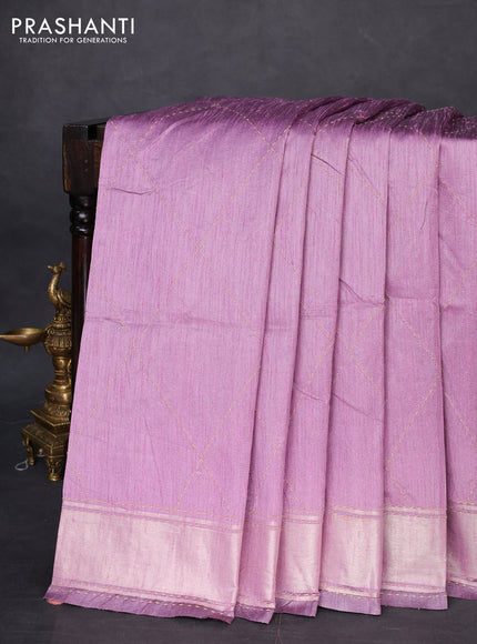 Semi dupion saree lavender and multi colour with allover kantha stitch work and zari woven border