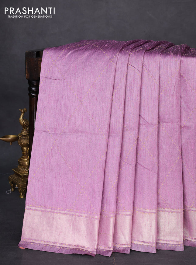 Semi dupion saree lavender and multi colour with allover kantha stitch work and zari woven border