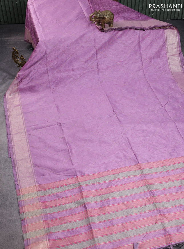 Semi dupion saree lavender and multi colour with allover kantha stitch work and zari woven border