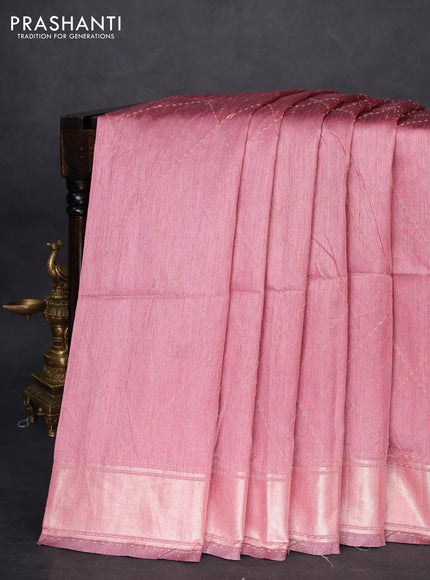 Semi dupion saree pastel pink and multi colour with allover kantha stitch work and zari woven border