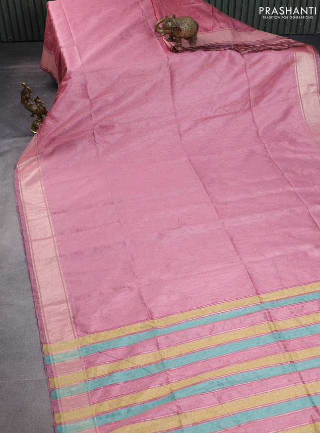 Semi dupion saree pastel pink and multi colour with allover kantha stitch work and zari woven border