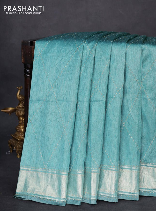 Semi dupion saree teal green and multi colour with allover kantha stitch work and zari woven border