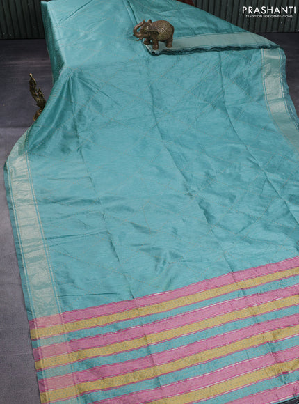 Semi dupion saree teal green and multi colour with allover kantha stitch work and zari woven border