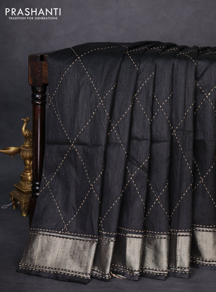 Semi dupion saree black and multi colour with allover kantha stitch work and zari woven border