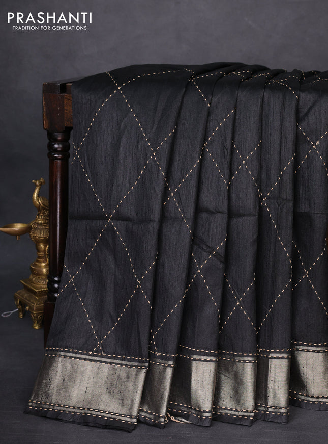 Semi dupion saree black and multi colour with allover kantha stitch work and zari woven border