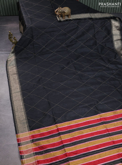 Semi dupion saree black and multi colour with allover kantha stitch work and zari woven border