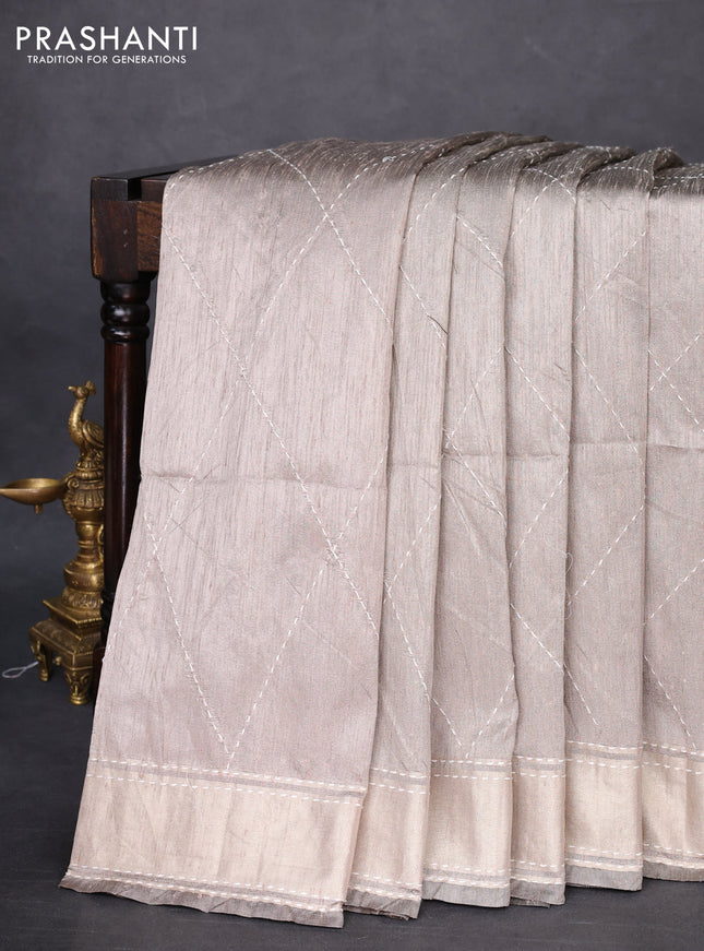 Semi dupion saree pastel grey and multi colour with allover kantha stitch work and zari woven border