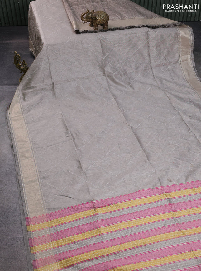 Semi dupion saree pastel grey and multi colour with allover kantha stitch work and zari woven border