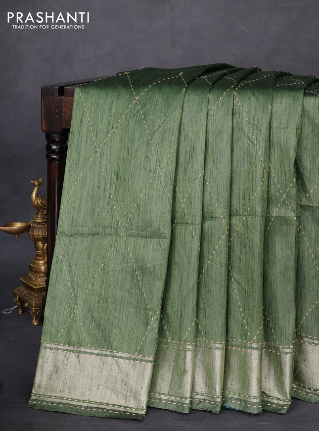 Semi dupion saree sap green and multi colour with allover kantha stitch work and zari woven border