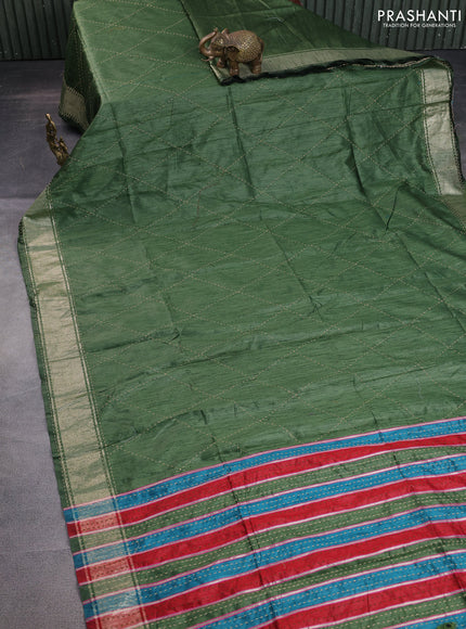 Semi dupion saree sap green and multi colour with allover kantha stitch work and zari woven border