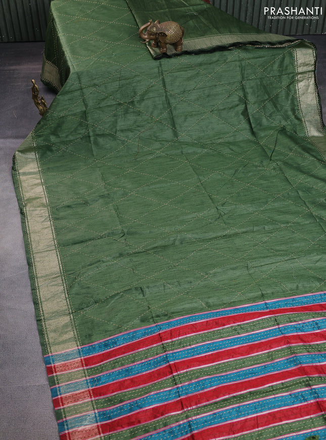 Semi dupion saree sap green and multi colour with allover kantha stitch work and zari woven border