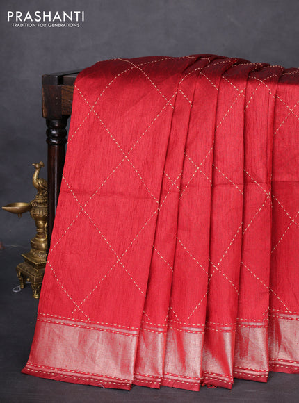 Semi dupion saree maroon and multi colour with allover kantha stitch work and zari woven border