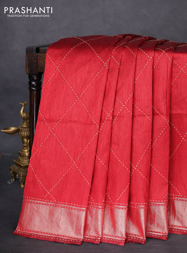Semi dupion saree maroon and multi colour with allover kantha stitch work and zari woven border