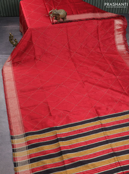 Semi dupion saree maroon and multi colour with allover kantha stitch work and zari woven border