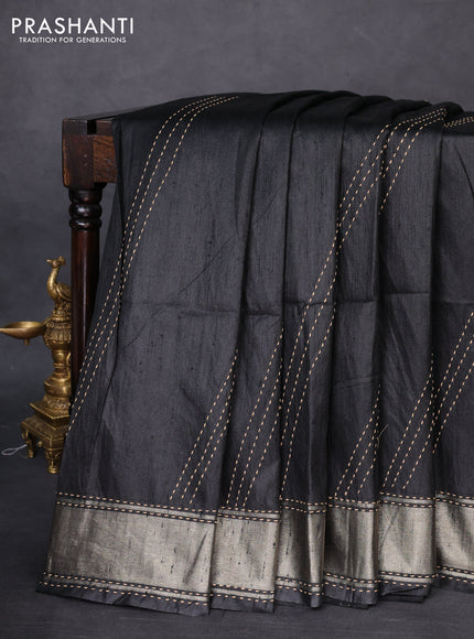 Semi dupion saree black and multi colour with allover kantha stitch work and zari woven border