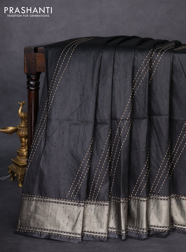 Semi dupion saree black and multi colour with allover kantha stitch work and zari woven border