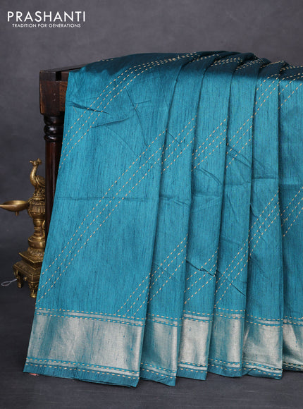 Semi dupion saree peacock blue and multi colour with allover kantha stitch work and zari woven border