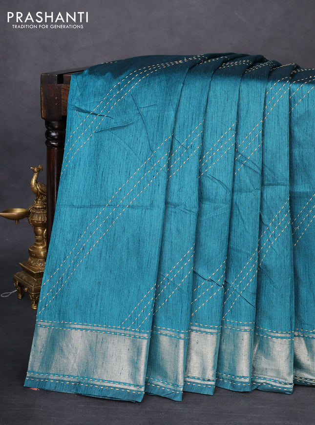 Semi dupion saree peacock blue and multi colour with allover kantha stitch work and zari woven border