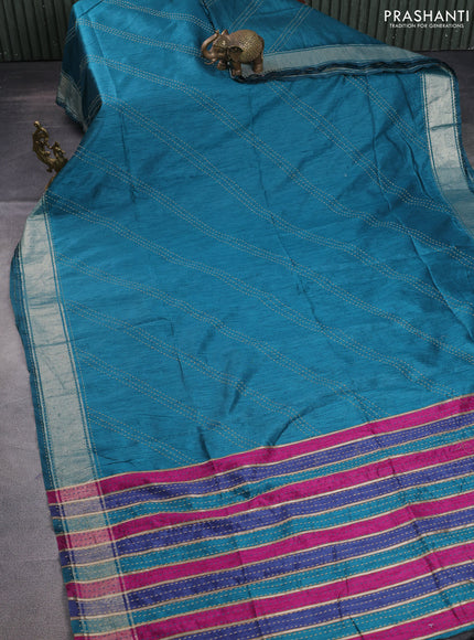Semi dupion saree peacock blue and multi colour with allover kantha stitch work and zari woven border