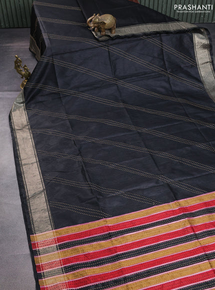 Semi dupion saree black and multi colour with allover kantha stitch work and zari woven border
