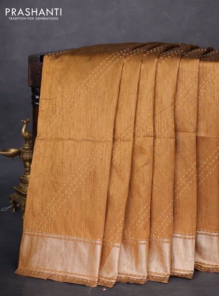 Semi dupion saree mustard yellow and multi colour with allover kantha stitch work and zari woven border