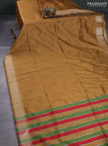 Semi dupion saree mustard yellow and multi colour with allover kantha stitch work and zari woven border